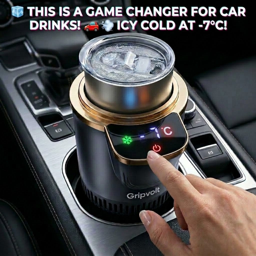 GripVolt Smart Car Cup Holder Cooler & Warmer | -7°C to 60°C Thermoelectric Beverage Chiller with Aluminum Cup, Silicone Lid & LED Touch Display