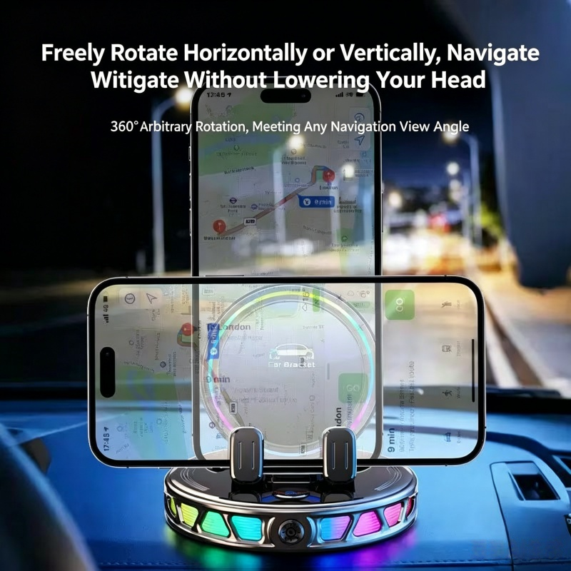 Gripvolt Auto-Clamp Car Phone Mount – Wireless Charging, 360° Flat Rotation, 7 Color Lights, Vacuum Suction