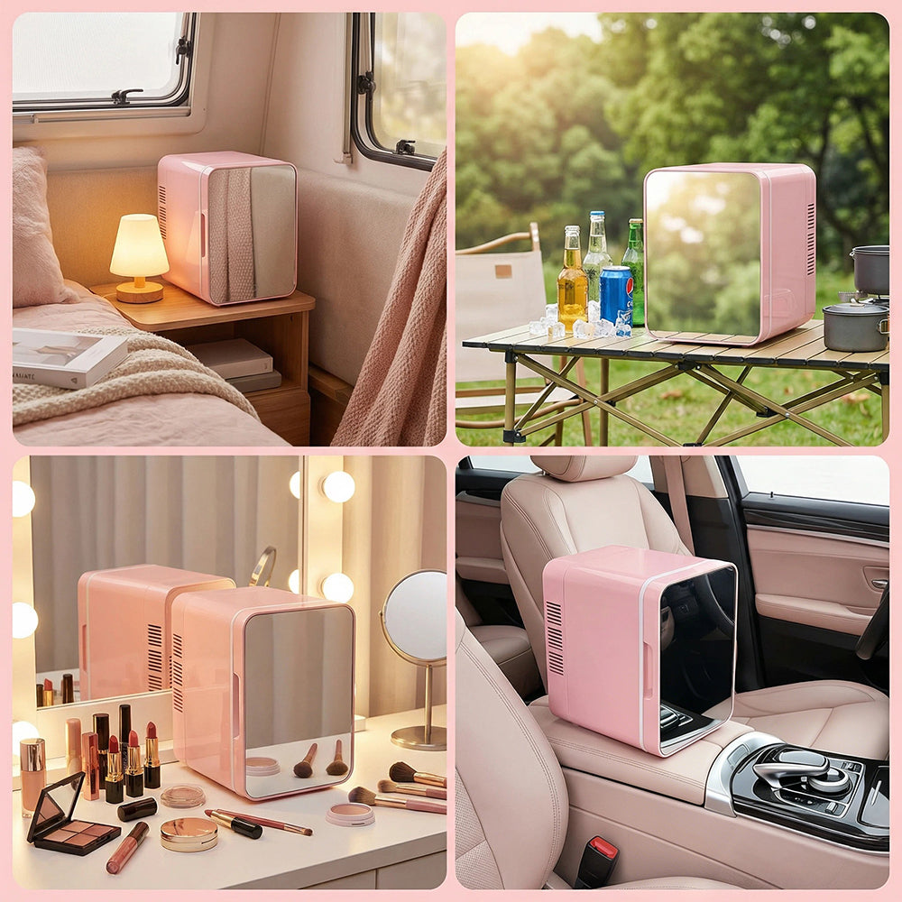 GripVolt 4L Pink Makeup Fridge with Mirror | Portable Skincare Mini Refrigerator with Cooling & Warming, USB Powered