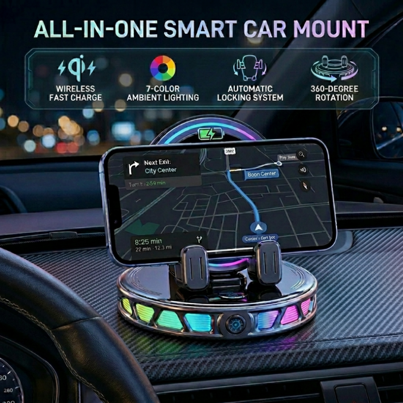 Gripvolt Auto-Clamp Car Phone Mount – Wireless Charging, 360° Flat Rotation, 7 Color Lights, Vacuum Suction