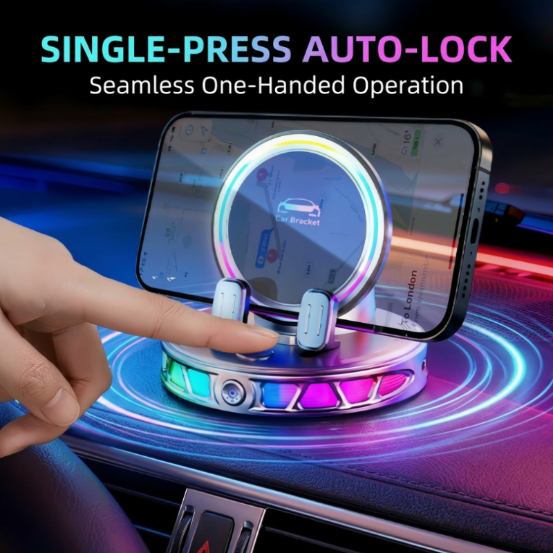 Gripvolt Auto-Clamp Car Phone Mount – Wireless Charging, 360° Flat Rotation, 7 Color Lights, Vacuum Suction