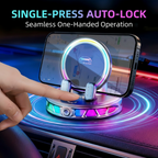Gripvolt Auto-Clamp Car Phone Mount – Wireless Charging, 360° Flat Rotation, 7 Color Lights, Vacuum Suction