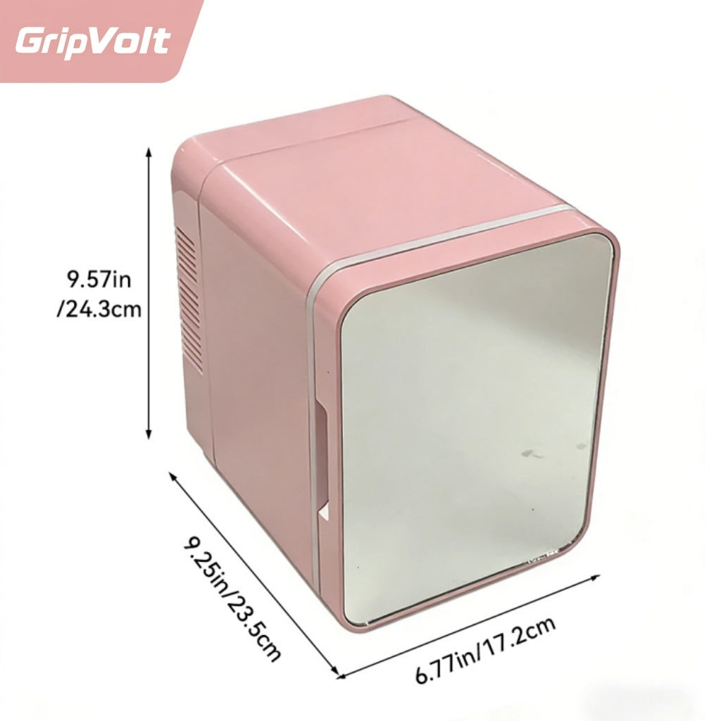 GripVolt 4L Pink Makeup Fridge with Mirror | Portable Skincare Mini Refrigerator with Cooling & Warming, USB Powered