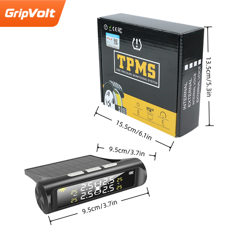 GripVolt Solar TPMS Tire Pressure Monitoring System | External Tire Pressure & Temperature Sensors with Digital Display, Real-Time Alerts for Cars, SUVs & RVs
