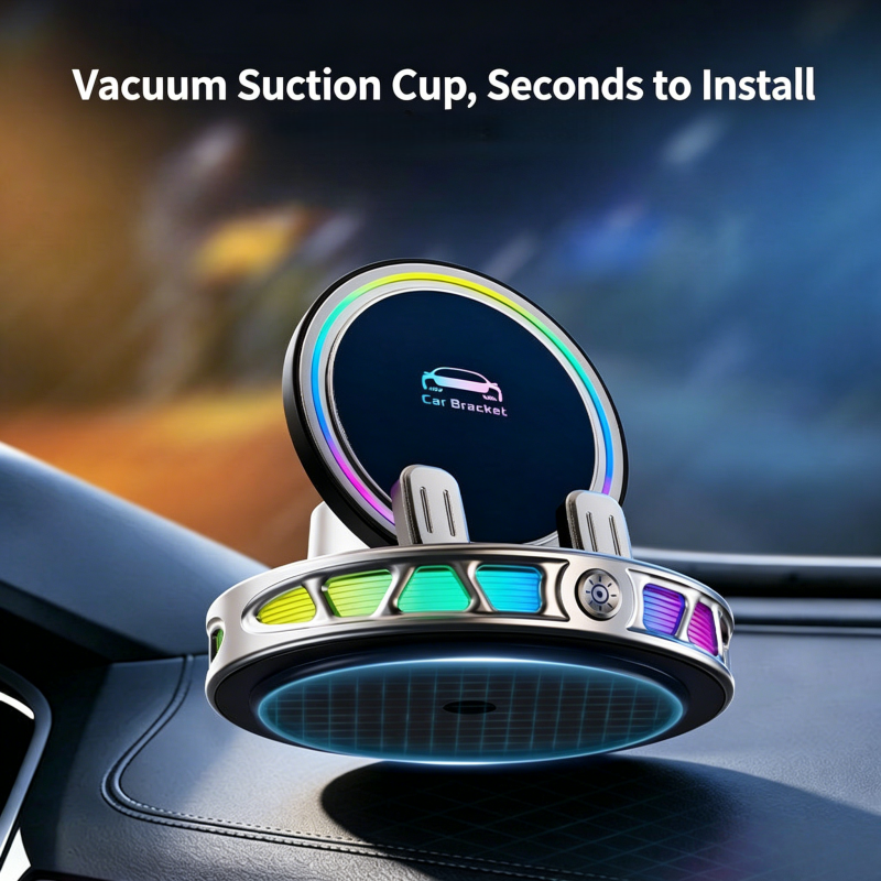 Gripvolt Auto-Clamp Car Phone Mount – Wireless Charging, 360° Flat Rotation, 7 Color Lights, Vacuum Suction