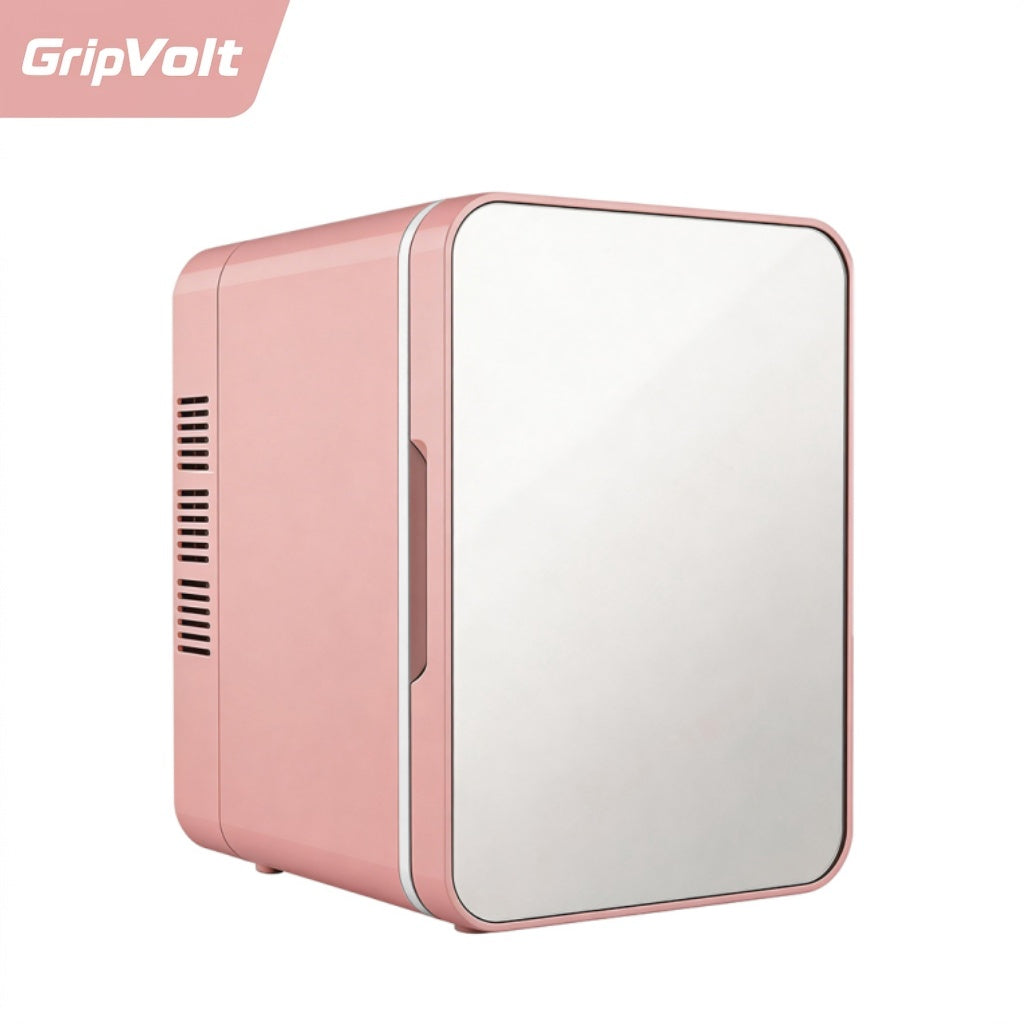 GripVolt 4L Pink Makeup Fridge with Mirror | Portable Skincare Mini Refrigerator with Cooling & Warming, USB Powered