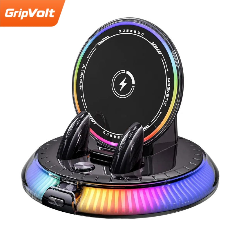 GripVolt RGB Wireless Charging Car Phone Mount | Automatic Clamping Dashboard Holder with 360° Rotation for iPhone & Android