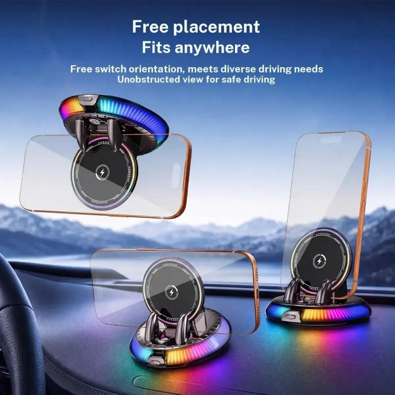GripVolt RGB Wireless Charging Car Phone Mount | Automatic Clamping Dashboard Holder with 360° Rotation for iPhone & Android