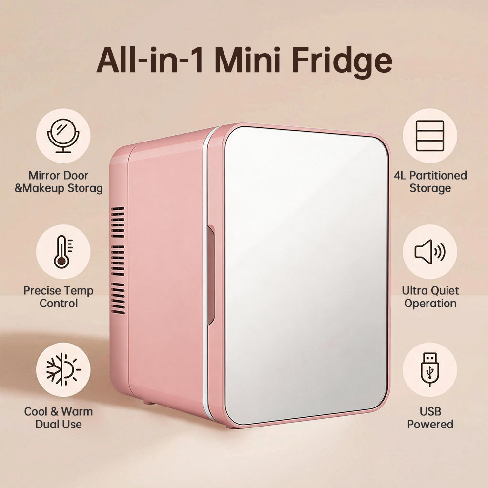 GripVolt 4L Pink Makeup Fridge with Mirror | Portable Skincare Mini Refrigerator with Cooling & Warming, USB Powered