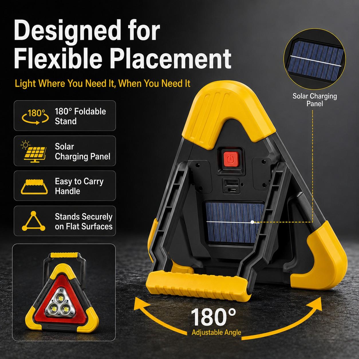 GripVolt Solar LED Emergency Warning Triangle | Rechargeable Car Breakdown Warning Light with Flashlight, SOS & Power Bank, Large & Mini Sizes