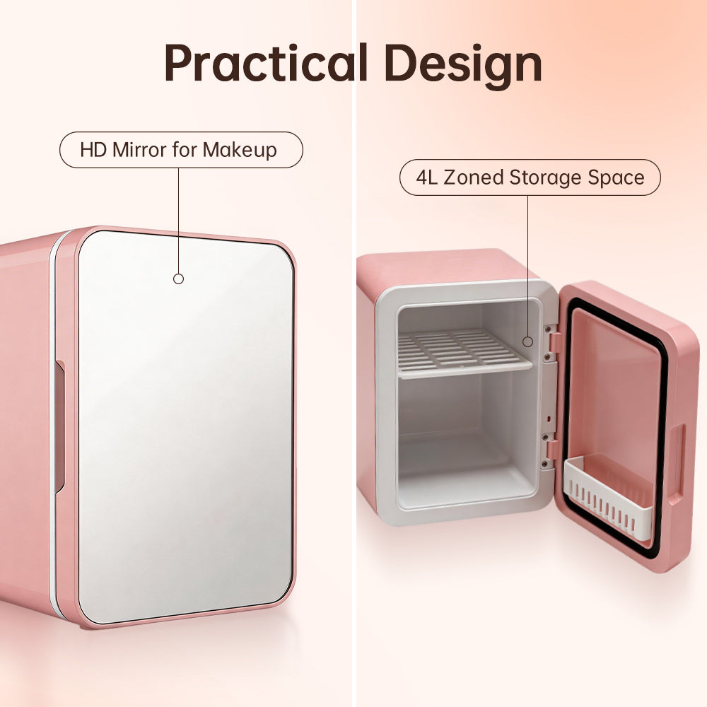GripVolt 4L Pink Makeup Fridge with Mirror | Portable Skincare Mini Refrigerator with Cooling & Warming, USB Powered