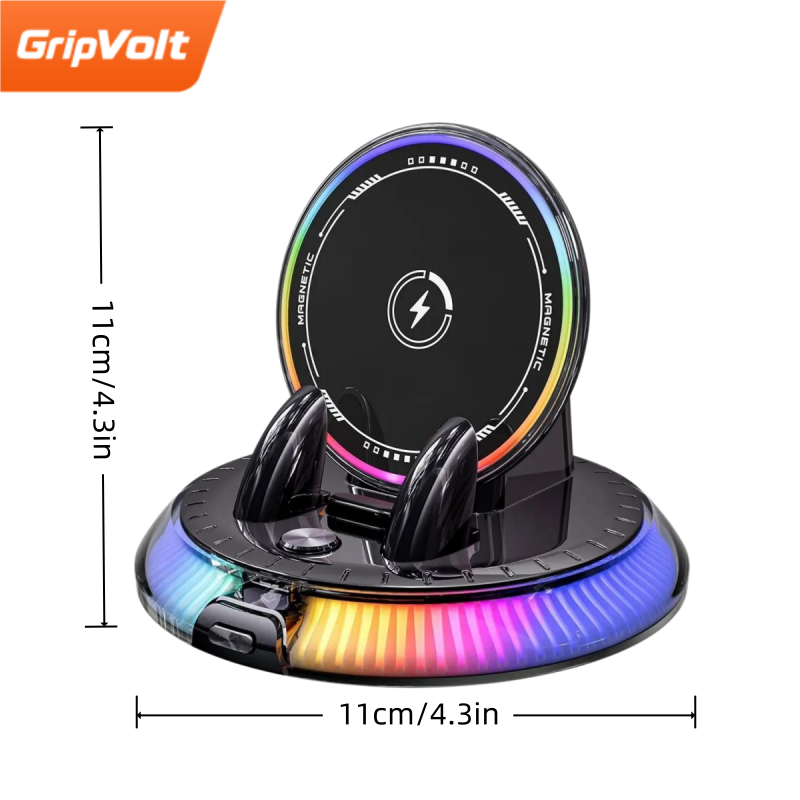GripVolt RGB Wireless Charging Car Phone Mount | Automatic Clamping Dashboard Holder with 360° Rotation for iPhone & Android