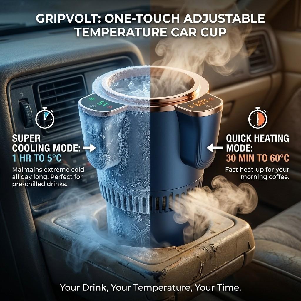 GripVolt Smart Car Cup Holder Cooler & Warmer | -7°C to 60°C Thermoelectric Beverage Chiller with Aluminum Cup, Silicone Lid & LED Touch Display