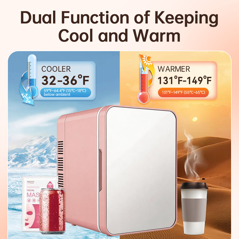 GripVolt 4L Pink Makeup Fridge with Mirror | Portable Skincare Mini Refrigerator with Cooling & Warming, USB Powered