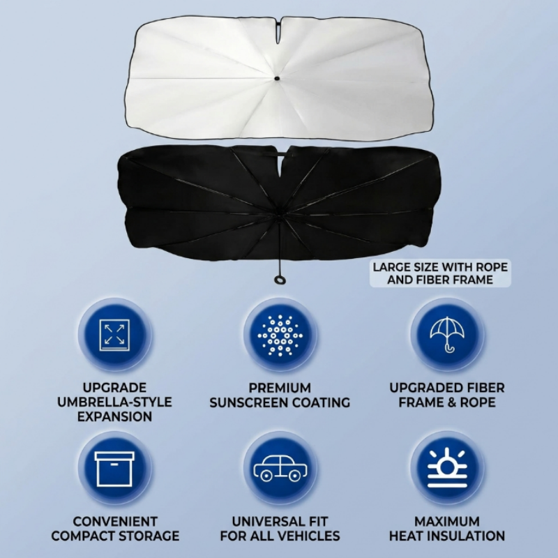 GripVolt Lightweight Foldable Car Sun Shade Umbrella | 140×80cm Windshield Sunshade with Nano Titanium Silver Coating, UV & Heat Protection, Compact Storage for Most Vehicles