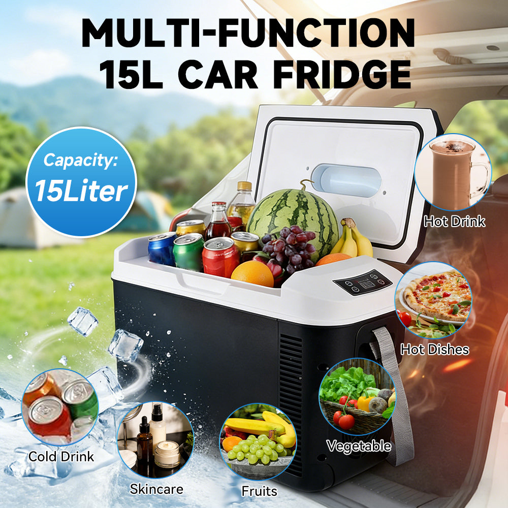 GripVolt 15L Portable Car Refrigerator & Cooler | 12V/24V DC & 220V/240V AC Electric Mini Fridge with Heating & Cooling for Car, RV & Home
