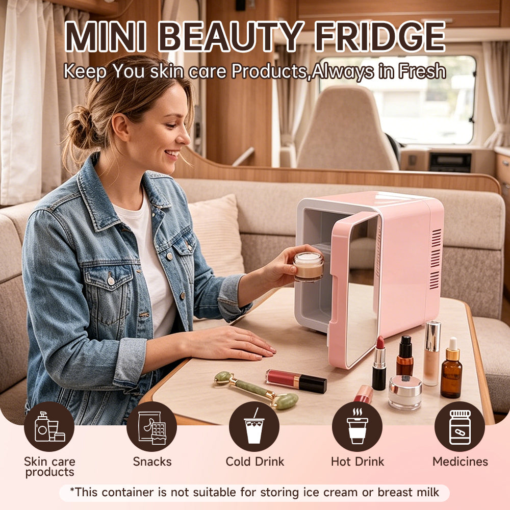 GripVolt 4L Pink Makeup Fridge with Mirror | Portable Skincare Mini Refrigerator with Cooling & Warming, USB Powered