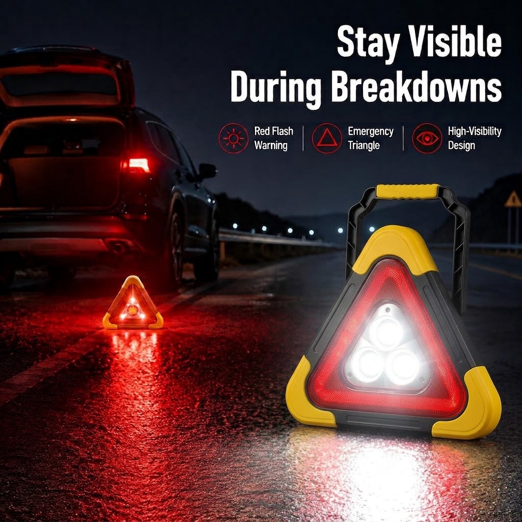GripVolt Solar LED Emergency Warning Triangle | Rechargeable Car Breakdown Warning Light with Flashlight, SOS & Power Bank, Large & Mini Sizes