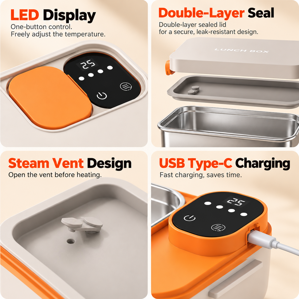 GripVolt Cordless Heated Lunch Box | Rechargeable Electric Food Warmer with Adjustable Temperature for Truck Drivers, Cars & Travel