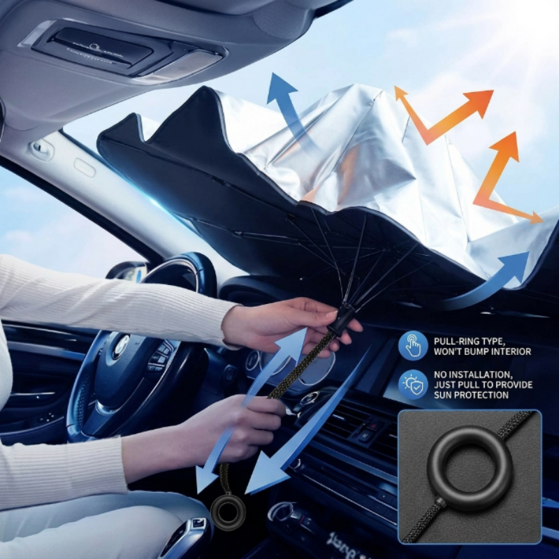 GripVolt Lightweight Foldable Car Sun Shade Umbrella | 140×80cm Windshield Sunshade with Nano Titanium Silver Coating, UV & Heat Protection, Compact Storage for Most Vehicles
