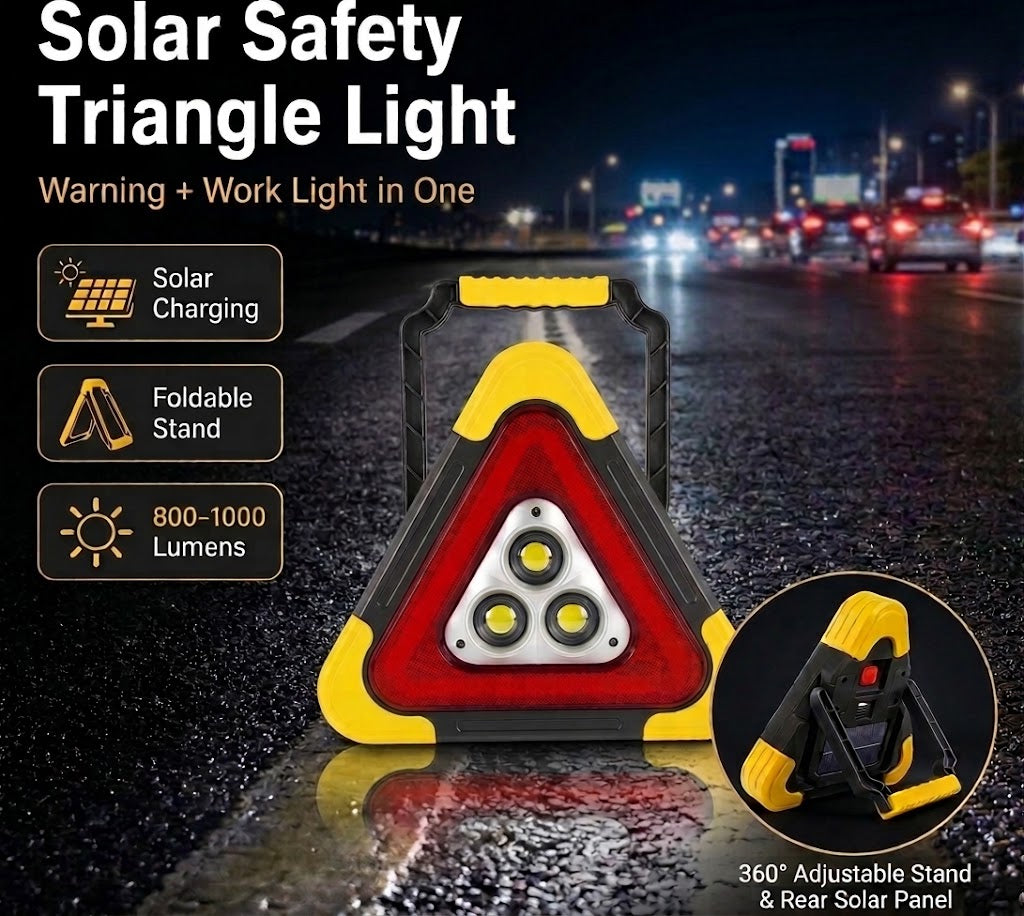 GripVolt Solar LED Emergency Warning Triangle | Rechargeable Car Breakdown Warning Light with Flashlight, SOS & Power Bank, Large & Mini Sizes