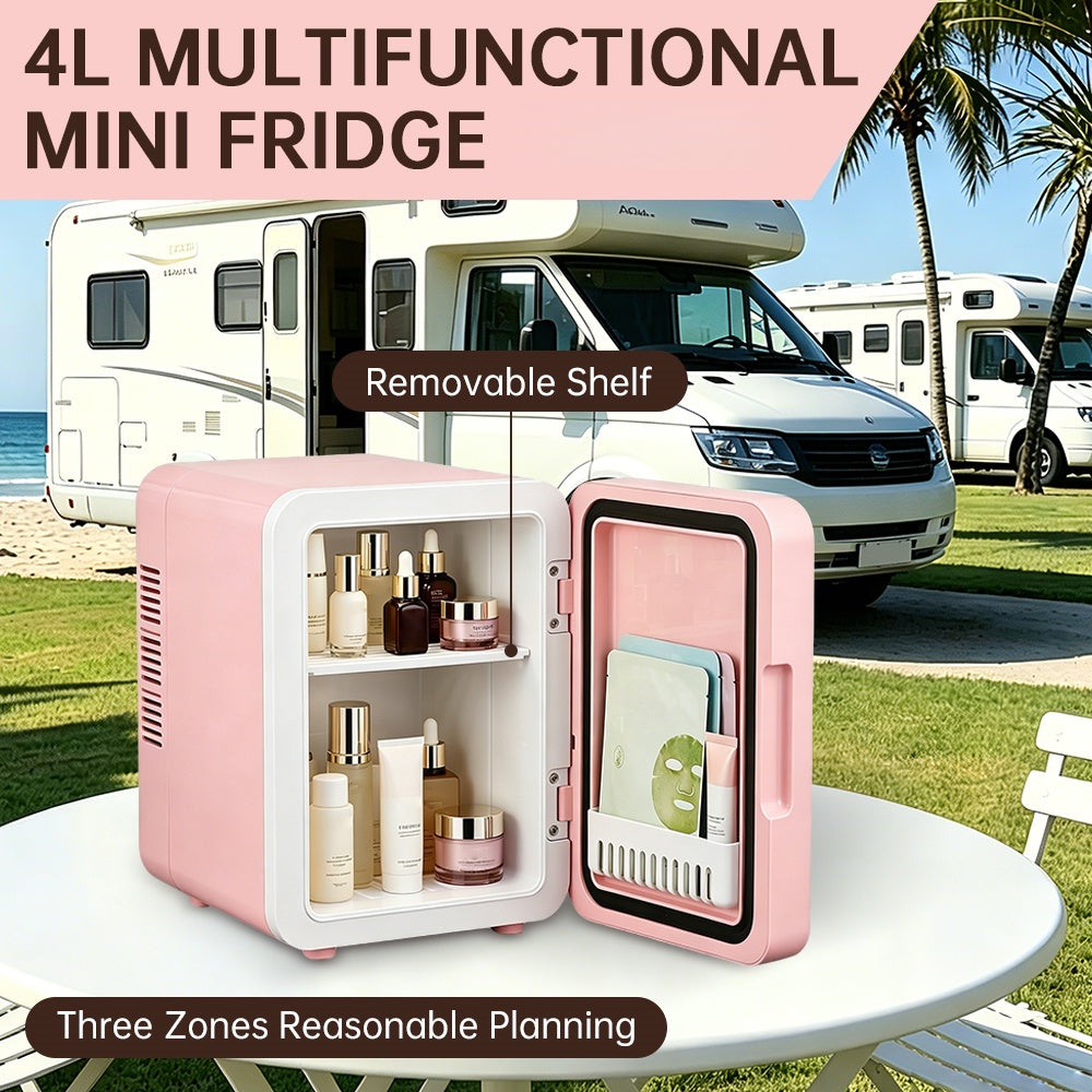 GripVolt 4L Pink Makeup Fridge with Mirror | Portable Skincare Mini Refrigerator with Cooling & Warming, USB Powered