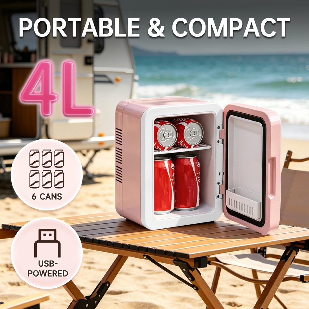 GripVolt 4L Pink Makeup Fridge with Mirror | Portable Skincare Mini Refrigerator with Cooling & Warming, USB Powered