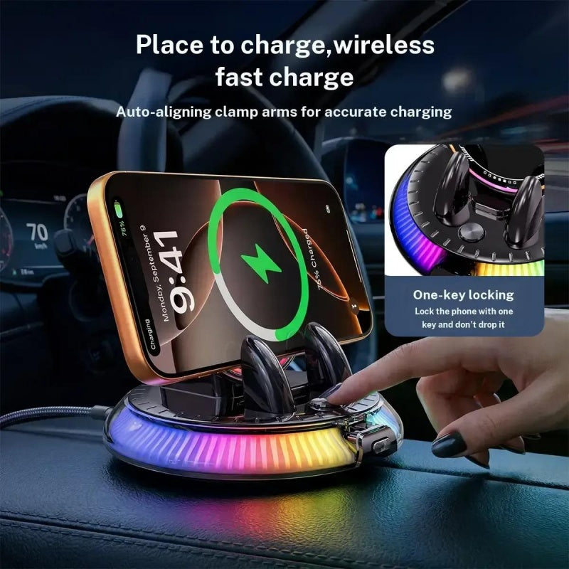 GripVolt RGB Wireless Charging Car Phone Mount | Automatic Clamping Dashboard Holder with 360° Rotation for iPhone & Android