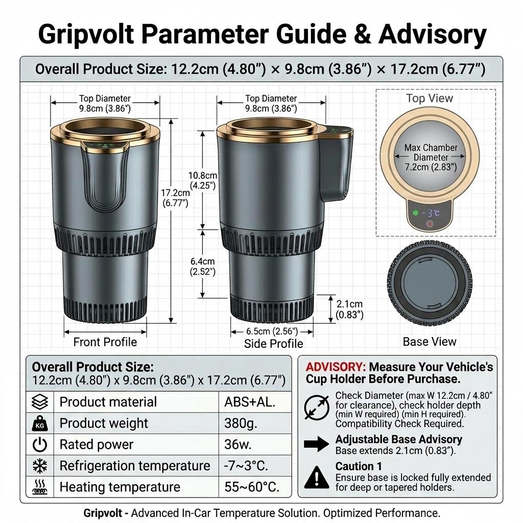 GripVolt Smart Car Cup Holder Cooler & Warmer | -7°C to 60°C Thermoelectric Beverage Chiller with Aluminum Cup, Silicone Lid & LED Touch Display