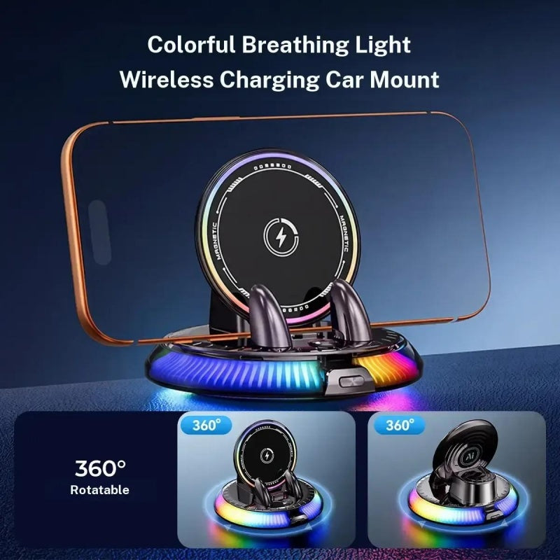 GripVolt RGB Wireless Charging Car Phone Mount | Automatic Clamping Dashboard Holder with 360° Rotation for iPhone & Android
