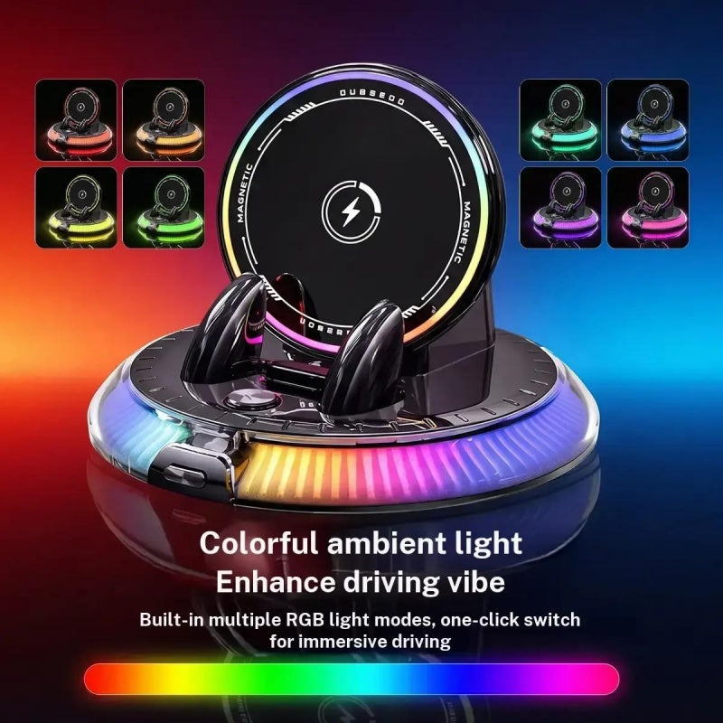 GripVolt RGB Wireless Charging Car Phone Mount | Automatic Clamping Dashboard Holder with 360° Rotation for iPhone & Android